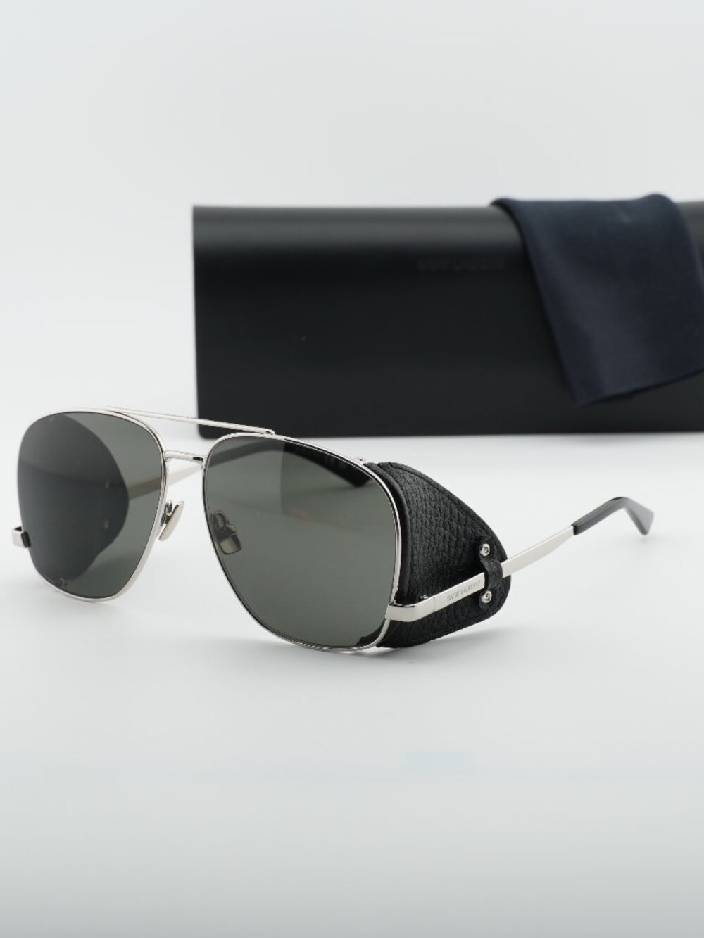 Saint Laurent SL653LEONLEATHERSPOILER001 Aviator Sunglasses - Silver/Black /Grey